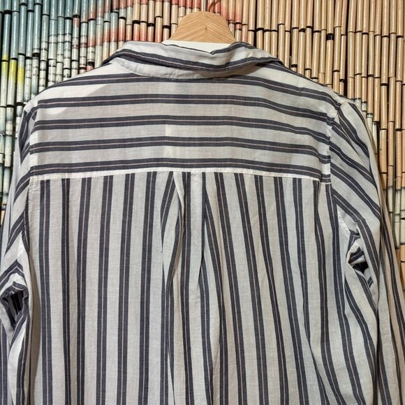 H&M V-Neck 100% Cotton Woven Striped Tunic Shirt, White & Blue with Pink, 12 - Picture 4 of 15